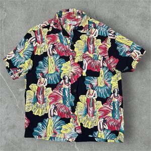 Sun Surf 100% Rayon Hula Girl Print Aloha Hawaiian Shirt Japan Made Medium